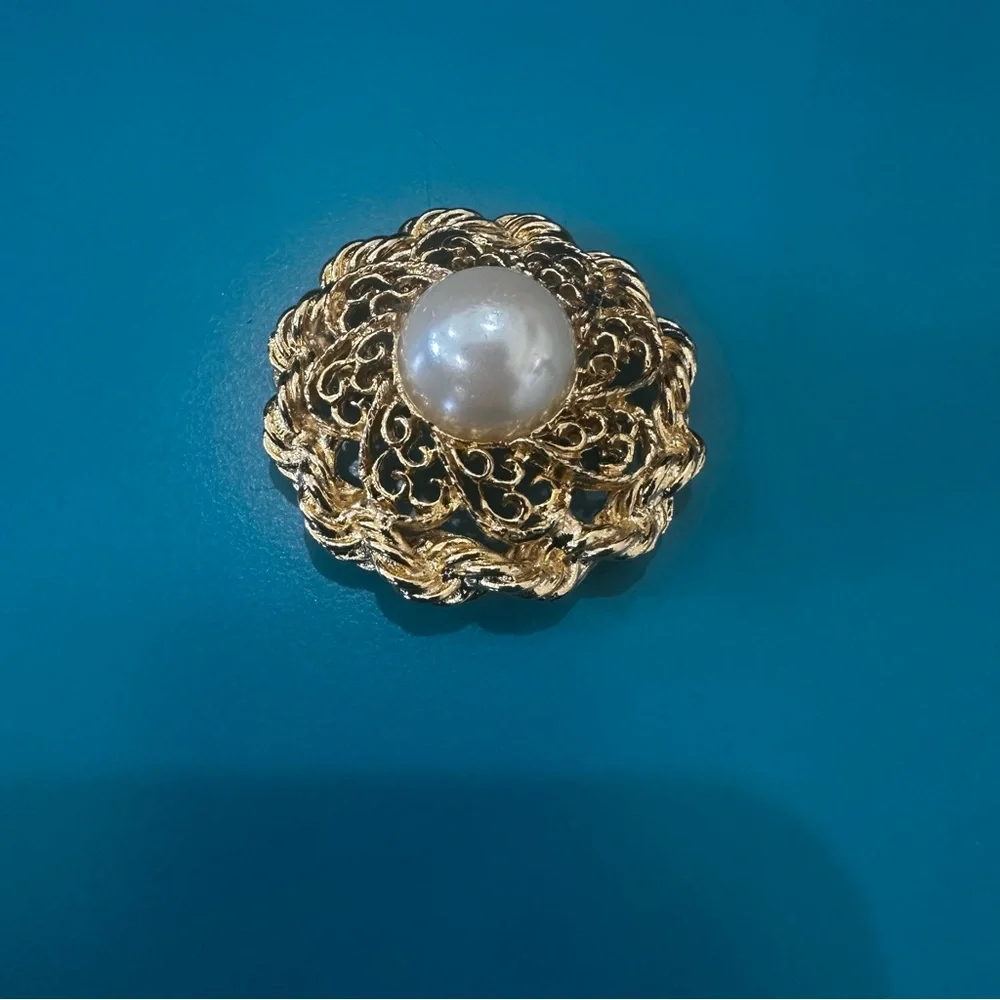 Vintage Gold Openwork Brooch Filigree Faux Pearl Cabochon Costume Jewelry Retro